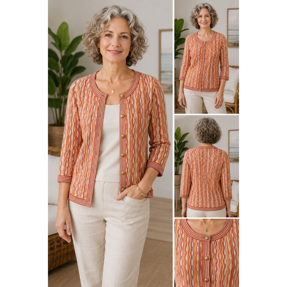 Silk Blend Cardigan Women's M Ripple Knit Striped 3/4 Sleeve Sigrid Olsen